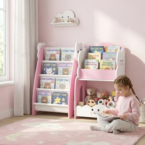 AIYAPLAY Bibliotecă Copii 3-în-1, 4 Compartimente, 3 Rafturi, Noptieră pentru Cameră, Roz. | Aosom Romania