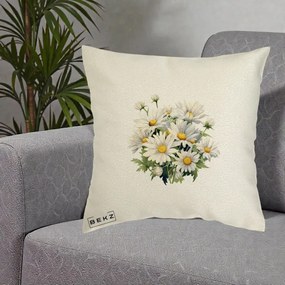 Perna Decorativa Buchet Margarete Albe Acuarela, 40x40 cm, Ecru, Husa Detasabila, Perna Inclusa, BEKZ®