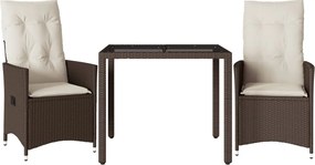 vidaXL Set bistro cu perne, 3 piese, maro, poliratan
