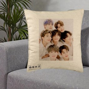 Perna Personalizata K-pop BTS Foto Grup Fete Albe, 40x40 cm, Bej, Husa Detasabila, Perna Inclusa, BEKZ®