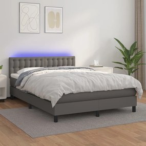 vidaXL Pat cu arcuri, cu saltea &amp; LED, gri, 140x190 cm, piele eco