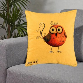 Perna Decorativa Pasare Rosie Exuberanta cu Spirale, 40x40 cm, Galben, Husa Detasabila, Perna Inclusa, BEKZ®