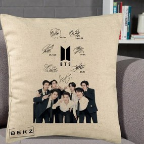 Perna Personalizata K-pop BTS Autografe Toti Membrii cu Fotografie, 40x40 cm, Bej, Husa Detasabila, Perna Inclusa, BEKZ®