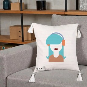 Perna Decorativa Fata cu Casti Muzica Grafic, 40x40 cm, Bej cu Franjuri, Husa Detasabila, Perna Inclusa, BEKZ®