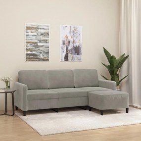 3153567 vidaXL Canapea cu 3 locuri și taburet, gri deschis, 180 cm, catifea