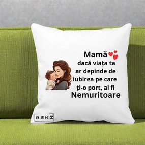 Cadou pentru Mama - Perna Personalizata Mama Nemuritoare cu Bebelus Lineart, 40x40 cm, Alba Mata, Husa Detasabila, Perna Inclusa, BEKZ®