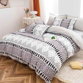 Lenjerie de pat cu elastic, policoton, pat 2 persoane, gri / alb, 4 piese, E-80