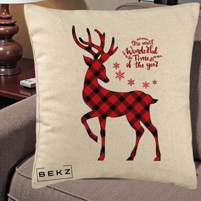Perna Decorativa Ren Buffalo Plaid Craciun, 40x40 cm, Bej, Husa Detasabila, Perna Inclusa, BEKZ®