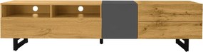 Comodă TV cu 3 uși și 2 compartimente, picioare metalice tip U, 170x36,5x42 cm, Culoare naturală