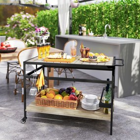 Outsunny Cărucior cu Roți din Lemn cu 2 Rafturi, 3 Cârlige, Blat cu Lamele și Mâner 107x65x80 cm Natural | Aosom Romania