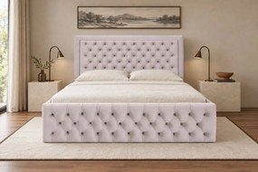 Pat tapițat Chesterfield din catifea Ophelia Deluxe 180×200 cm, crem, cu ladă de depozitare