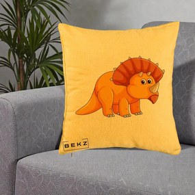Perna Decorativa Triceratops Portocaliu, 40x40 cm, Galben, Husa Detasabila, Perna Inclusa, BEKZ®
