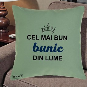 Cadou pentru Bunic - Perna Personalizata Cel Mai Bun Bunic Din Lume Coroana Albastra, 40x40 cm, Verde, Husa Detasabila, Perna Inclusa, BEKZ®