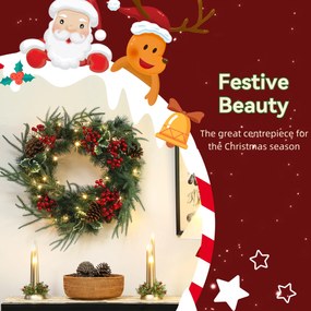 HOMCOM Ghirlandă de Crăciun de 60 cm cu Lumini LED Albe, Coroană de Crăciun cu Temporizator, 170 de Ramuri, Conuri de Pin, Boabe și Vâsc, Decor de Crăciun pentru Ușă și Fereastră, Verde | Aosom Romania