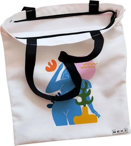 Sacosa de Panza pentru Cumparaturi, Geanta Tote, model Abstract Connection, Cu fermoar, 38x34.5 cm, Alba, BEKZ®