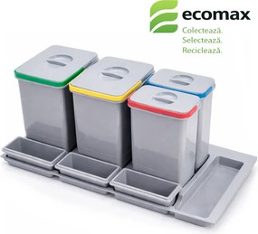 Coș gunoi încorporabil în sertar, Ecomax Praktico 900, colectare selectivă, gri, 2 x 15 l, 2 x 7 l Plastic, H:300 mm; L:810 mm; A:430 mm, Gri