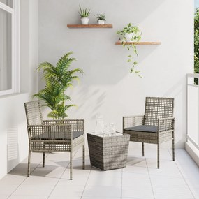 vidaXL Set bistro de grădină, 3 piese, cu perne, gri, poliratan