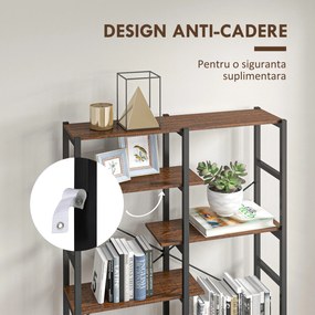 HOMCOM Bibliotecă cu 6 Rafturi, Design Modern, Cadru Metalic Negru, Lemn Maro, pentru Living sau Birou | Aosom Romania