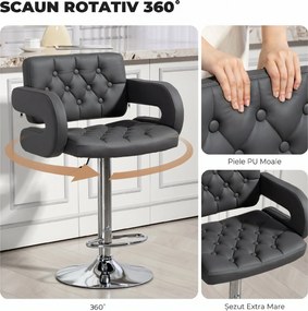 HOMCOM Scaun de Bar Reglabil, Șezut Extra Large Rotativ din Piele Ecologică PU, Gri | Aosom Romania
