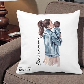 Cadou pentru Mama - Perna Personalizata The Best Mom Jachete, 40x40 cm, Alba Mata, Husa Detasabila, Perna Inclusa, BEKZ®