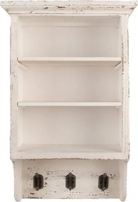 Etajeră de perete vintage din lemn, alb, cu 3 rafturi și 3 agățători duble, 57 x 36 x 17 cm, „Sandra”