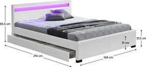 Pat matrimonial, iluminare RGB LED, piele ecologică albă, 160x200, CLARETA