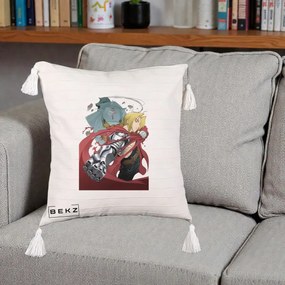 Perna Personalizata Fullmetal Alchemist Brotherhood Edward si Al Poster, 40x40 cm, Bej cu Franjuri, Husa Detasabila, Perna Inclusa, BEKZ®