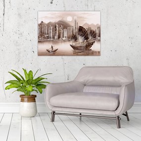 Tablou pe sticlă - Victoria Harbour, Hong Kong, efect sepia (70x50 cm)