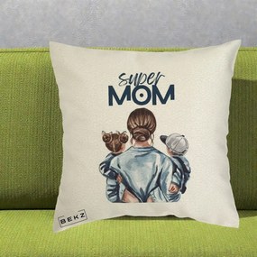 Cadou pentru Mama - Perna Personalizata Super Mom, 40x40 cm, Ecru, Husa Detasabila, Perna Inclusa, BEKZ®