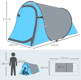 Outsunny Cort Camping 2 Persoane, Cort Automat Pop-up Iglu, 220x108x110 cm, Albastru | Aosom Romania