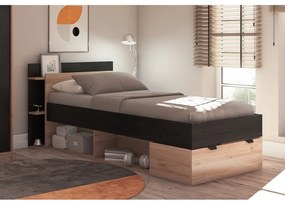 Pat negru/în culoare naturală cu aspect de lemn de stejar cu spațiu de depozitare fără somieră 90x200 cm Albo – Marckeric