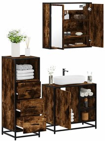 vidaXL Set mobilier de baie, 3 piese, stejar fumuriu, lemn prelucrat