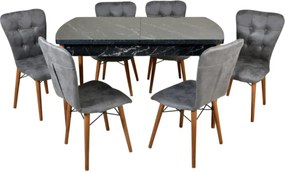 Set masa extensibila cu 6 scaune tapitate Homs cristal  negru-gri 170 x 80 cm