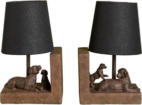 Set 2 lămpi de masă din bumbac negru, cu structură din rășină maro în formă de câine, finisaj patinat, 28×31×13 cm, „Compagnon"