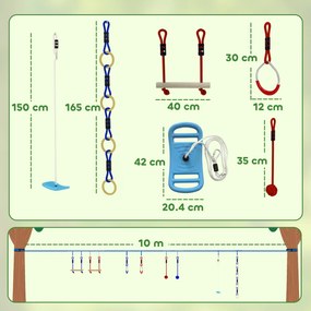 AIYAPLAY Ninja Line copii 10 m set Slackline 9 piese cu 2 inele, leagăn 3-în-1, 2 bare de cățărat pentru 3-8 ani multicolor | Aosom Romania