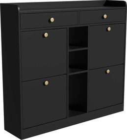 Dulap pentru pantofi cu 4 uși rabatabile, 2 sertare și 3 compartimente deschise, 110x26x100 cm, Negru