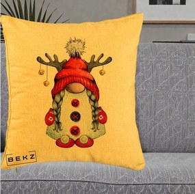 Perna Decorativa Pitic Gnom Craciun cu Coarne de Ren, 40x40 cm, Galben, Husa Detasabila, Perna Inclusa, BEKZ®