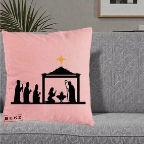 Perna Decorativa Nasterea Pruncului Silueta Neagra si Stea Aurie, 40x40 cm, Roz, Husa Detasabila, Perna Inclusa, BEKZ®