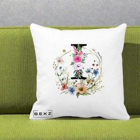 Cadou Personalizat - Perna Personalizata Monogram Litera I cu Flori Acuarela, 40x40 cm, Alba Mata, Husa Detasabila, Perna Inclusa, BEKZ®