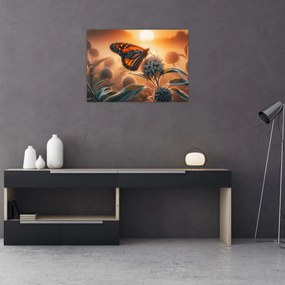 Tablou pe sticlă – Fluture în soare apunând (70x50 cm)