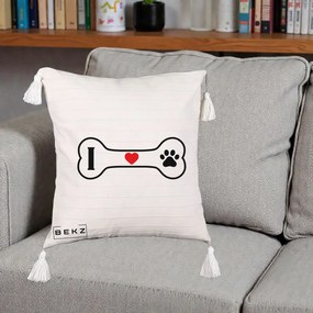 Perna Personalizata I Love Dog Os si Labuta, 40x40 cm, Bej cu Franjuri, Husa Detasabila, Perna Inclusa, BEKZ®