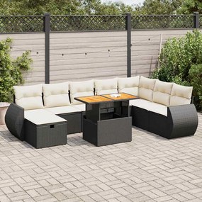 3328071 vidaXL Set mobilier grădină perne 9 piese negru poliratan/lemn acacia