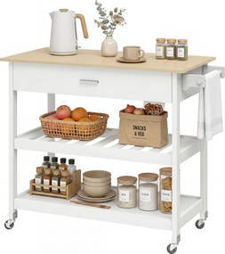HOMCOM Cărucior de bucătărie cu depozitare, insulă mobilă de bucătărie cu blat mare, sertar, 2 rafturi deschise, suport pentru prosoape, Alb | Aosom Romania