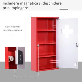 HOMCOM Dulap Prim Ajutor Montabil Perete, Cutie Medicamente, 60x30x12 cm, Roșu | Aosom Romania