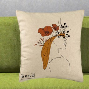 Perna Decorativa Portret Feminin Maci Rosii Auriu, 40x40 cm, Bej, Husa Detasabila, Perna Inclusa, BEKZ®