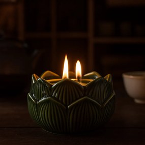 Lumânare în pahar floral din porțelan 12 x 7,8 cm,verde