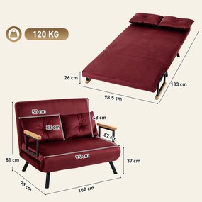 HOMCOM Canapea extensibilă 3 în 1, efect catifea, cu spătar reglabil și 2 perne, 102 x 73 x 81 cm, roșu vișiniu | Aosom Romania