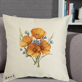 Perna Decorativa Maci Portocalii cu Floricele Albastre, 40x40 cm, Ecru, Husa Detasabila, Perna Inclusa, BEKZ®