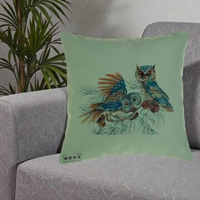 Perna Decorativa Bufnite de Iarna Albastre, 40x40 cm, Verde, Husa Detasabila, Perna Inclusa, BEKZ®