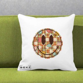 Perna Decorativa Smiley Face de Toamna cu Tartan si Dovlecei, 40x40 cm, Alba Mata, Husa Detasabila, Perna Inclusa, BEKZ®